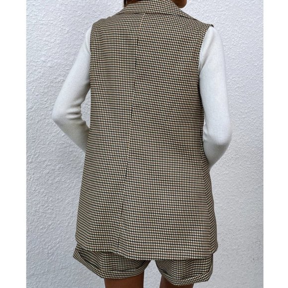 plaid single button waistcoat & shorts set classy chic business casual trending - Picture 6 of 7